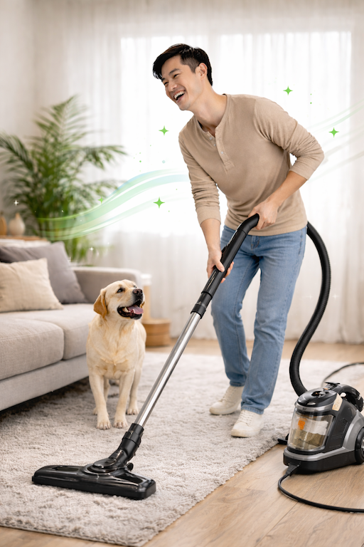 Happy person smiling in a clean home
